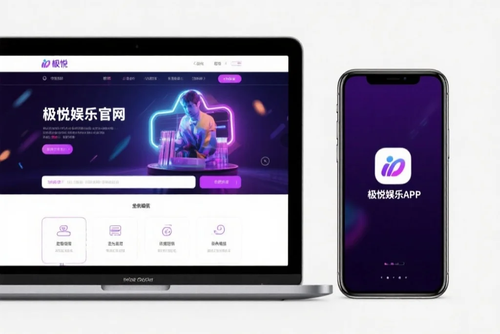 一台笔记本电脑屏幕上显示着瑞丰娱乐官网的界面，旁边是一部手机显示着瑞丰娱乐APP，两者并列对比